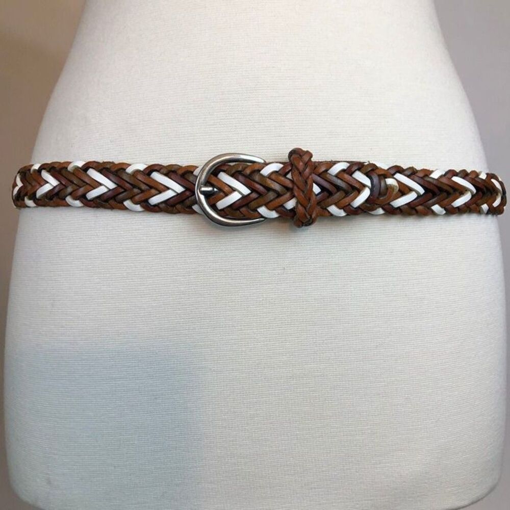 Vintage 80's Belt Copper Key Braided Leather Size M/28 Tan Brown and White